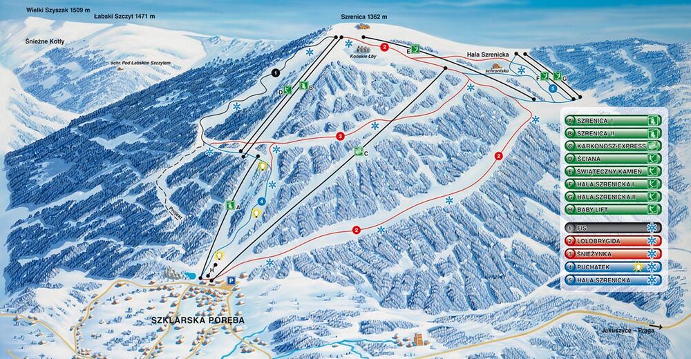 Plán sjezdovek Lyžařský areál Ski Arena Szrenica / Sudety Lift - Szklarska Poreba