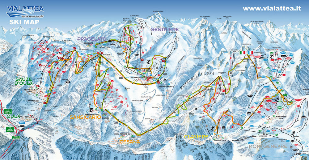 Pistenplan Skigebiet Cesana - Sansicario / Via Lattea