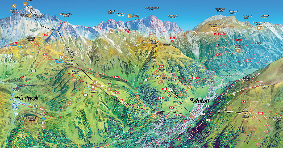 BERGFEX: Plan de piste St. Anton / Arlberg - Carte panoramique St. Anton / Arlberg - Carte St. Anton / Arlberg