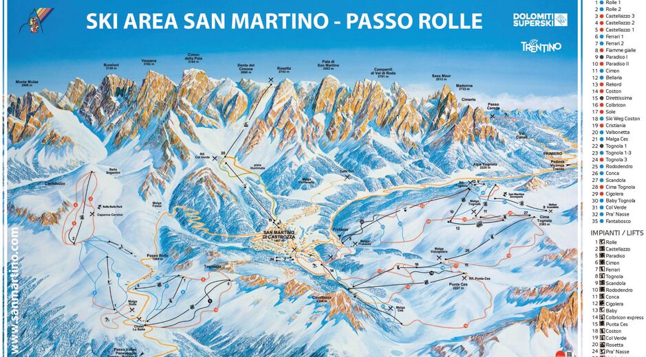 Plan skijaških staza Skijaško područje Passo Rolle