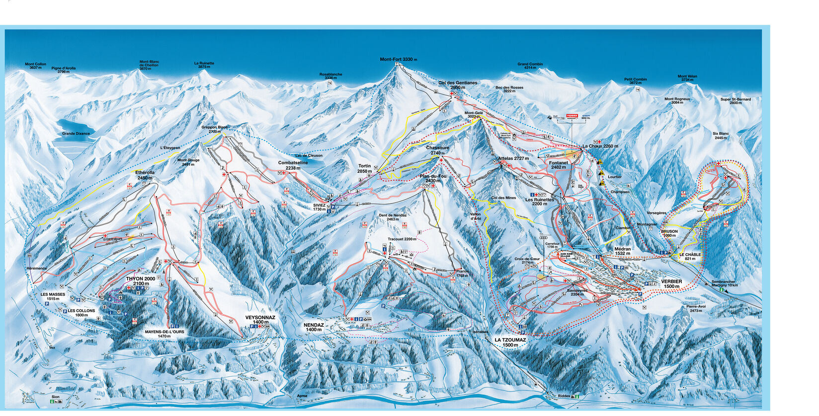 BERGFEX Pistenplan Verbier 4 Vall es Panoramakarte Verbier 4 