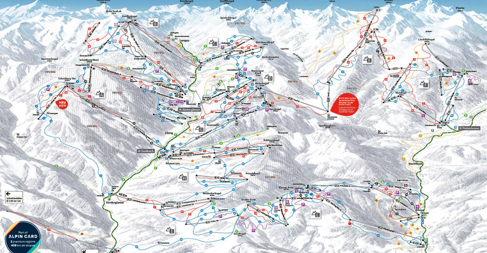 Pistenplan Skigebiet Leogang / Saalbach Hinterglemm Fieberbrunn