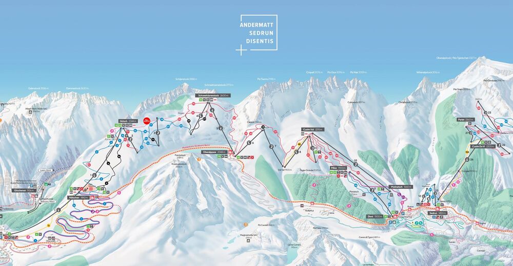 Plan skijaških staza Skijaško područje Andermatt - Oberalp - Sedrun