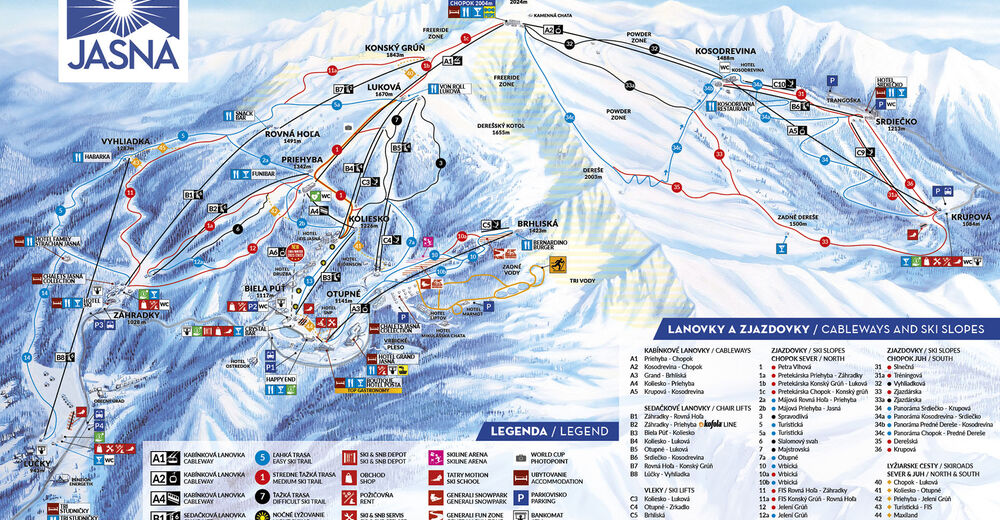 Plan skijaških staza Skijaško područje Jasná Nízke Tatry / Chopok