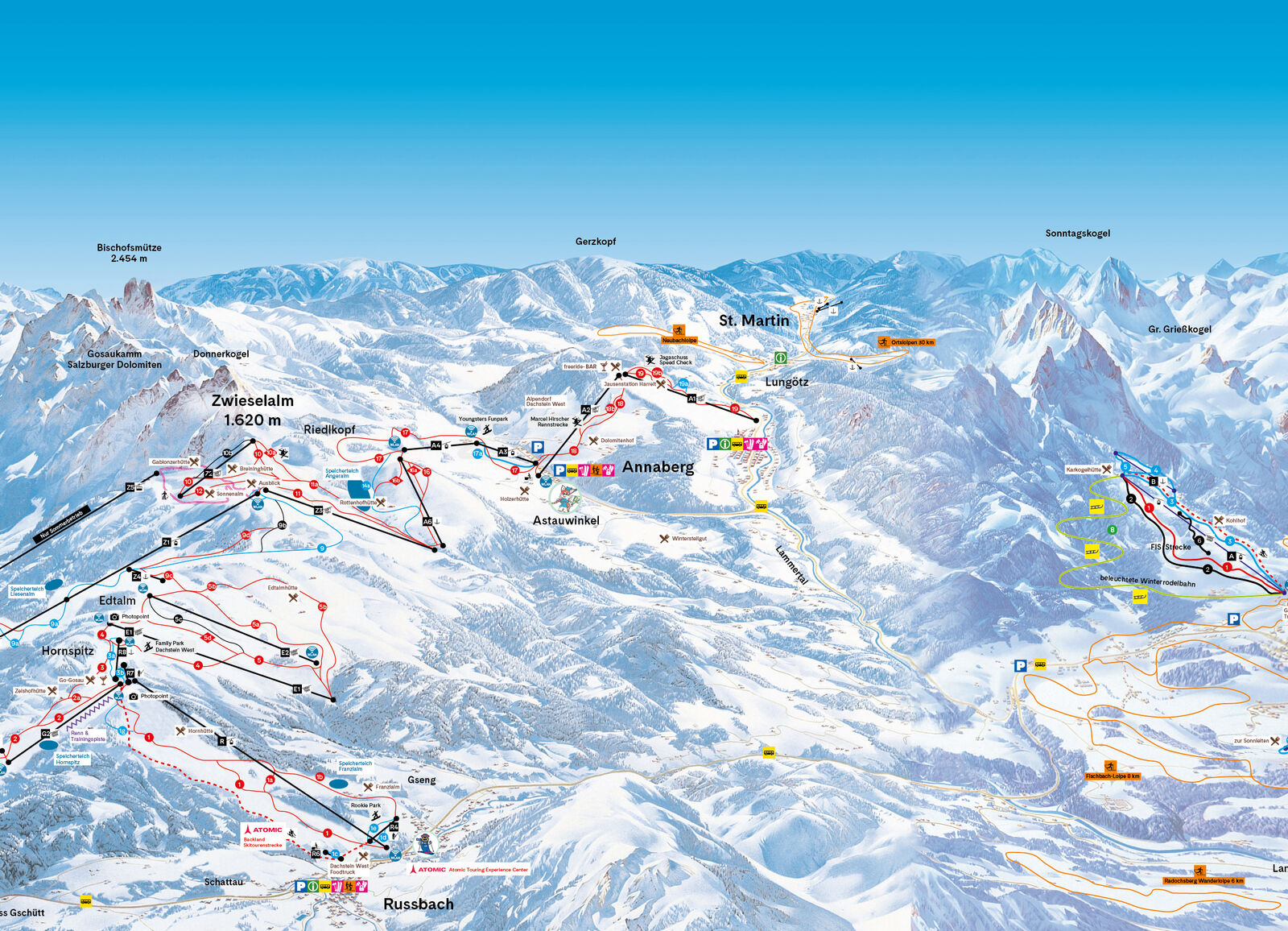 Pistenplan Skigebiet Annaberg / Lungötz / Dachstein West
