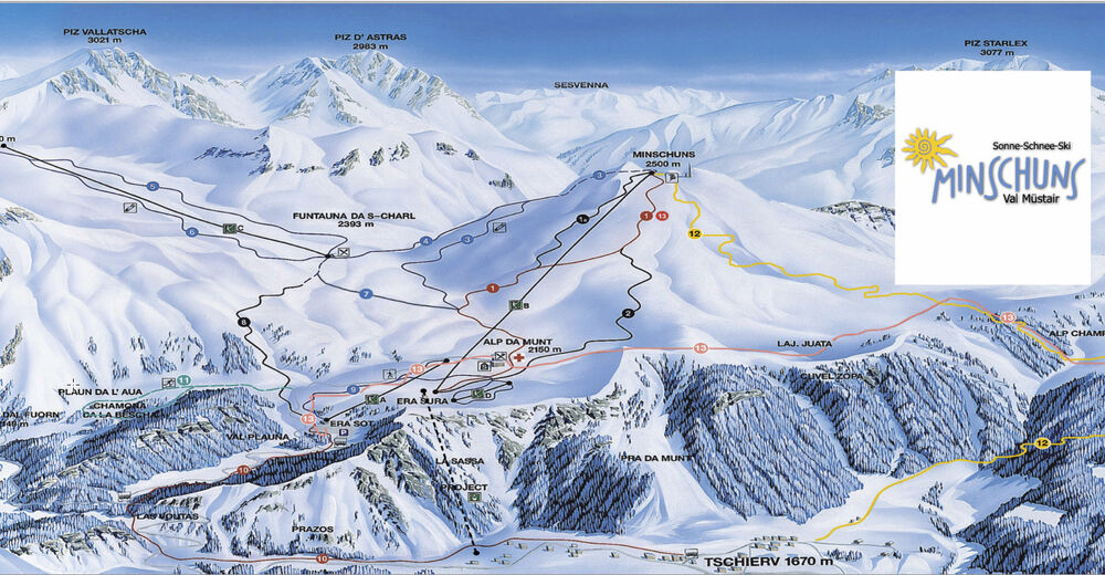 Planul pistelor Zonă de schi Minschuns - Val Müstair