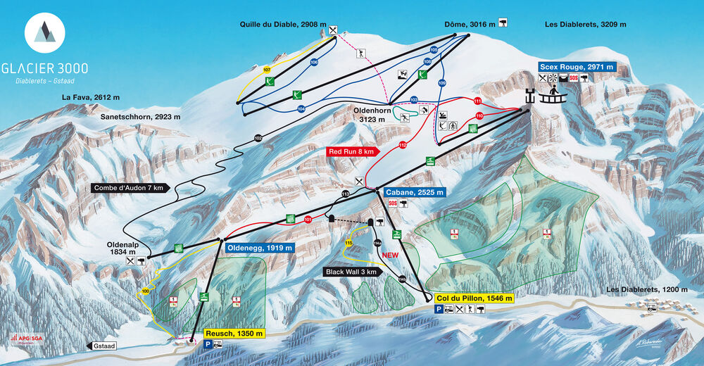 Piste map Ski resort Les Diablerets - Glacier 3000