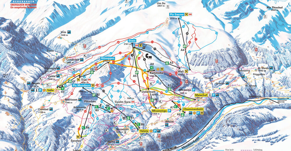 Planul pistelor Zonă de schi Obersaxen Mundaun