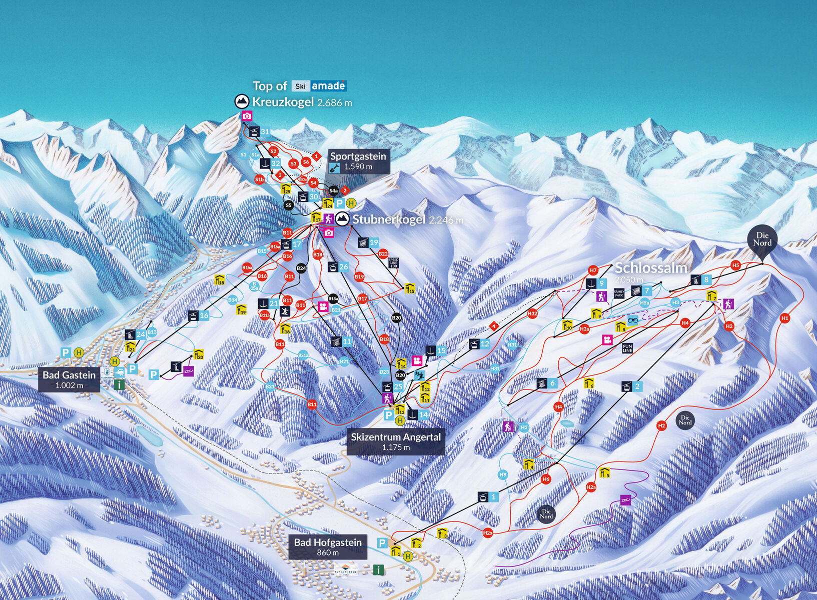 PistenplanSkigebiet Sportgastein - Bad Gastein - Skigastein / Ski amade