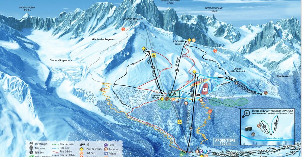 Plán sjezdovky Lyžařská oblast Grands Montets / Chamonix