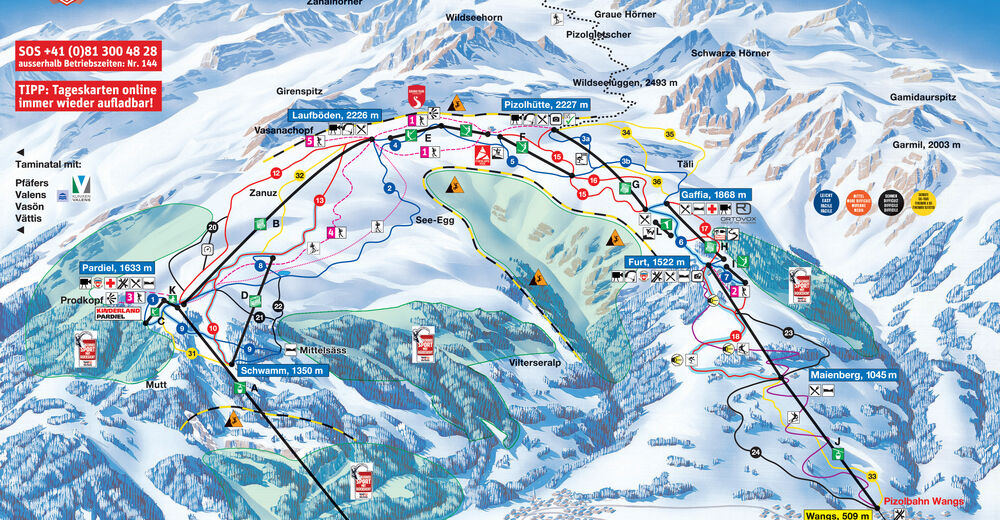 Mappa delle piste Comparto sciistico Pizol - Bad Ragaz - Wangs