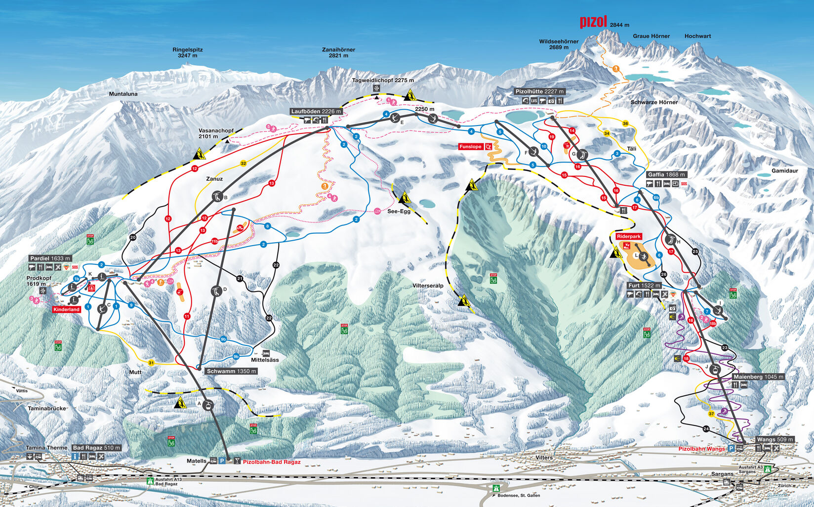 PistenplanSkigebiet Pizol - Bad Ragaz - Wangs