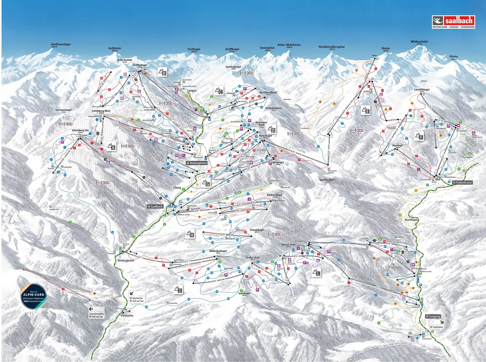 PistenplanSkigebiet Fieberbrunn / Saalbach Hinterglemm Leogang
