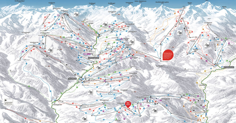 Mapa zjazdoviek Lyžiarske stredisko Fieberbrunn / Saalbach Hinterglemm Leogang