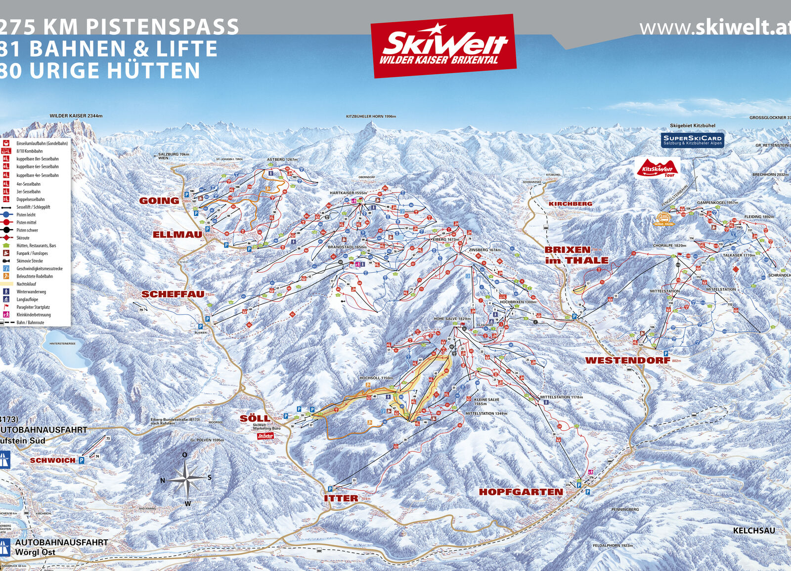 Pistenplan Skigebiet SkiWelt / Westendorf