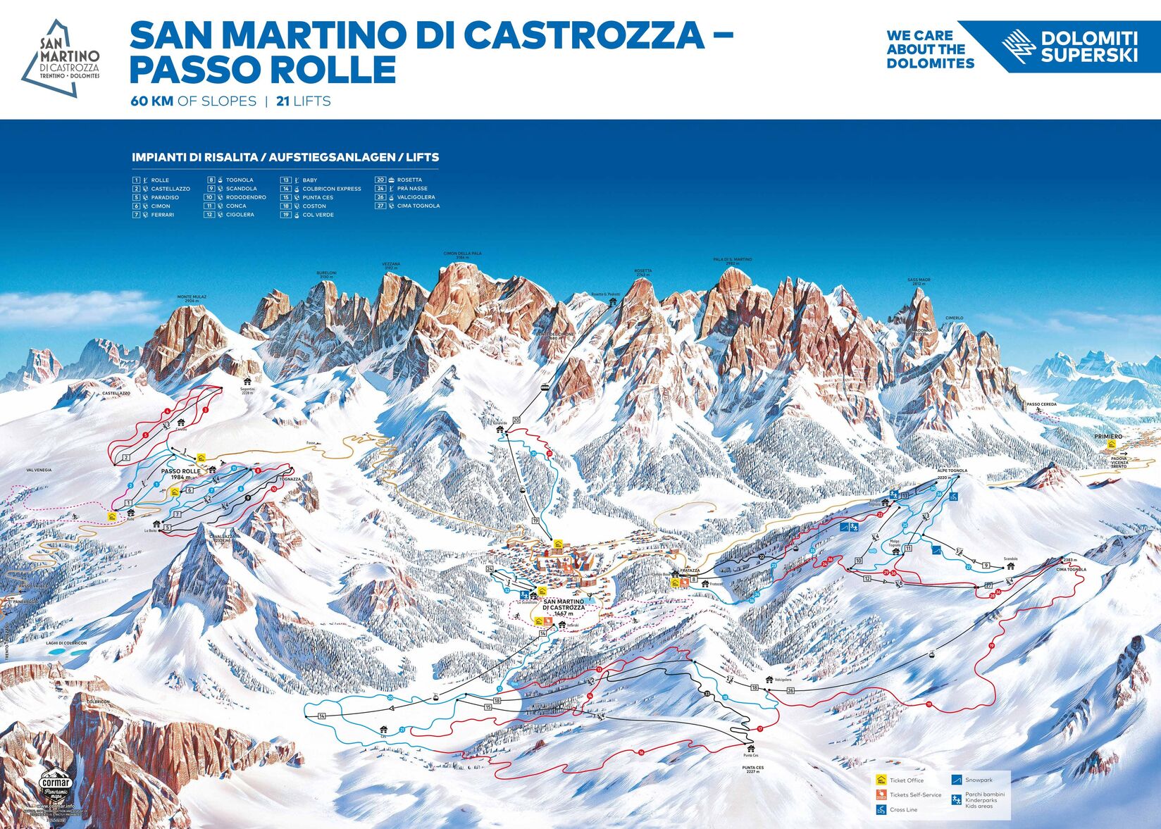 PistkartaSkidområde San Martino di Castrozza / Rolle Pass