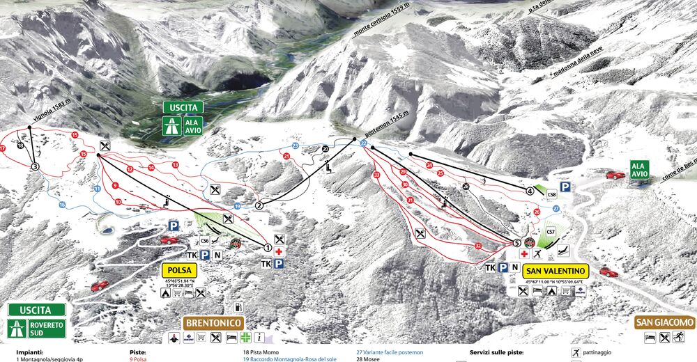 Pistenplan Skigebiet Altopiano di Brentonico - Polsa - S. Valentino