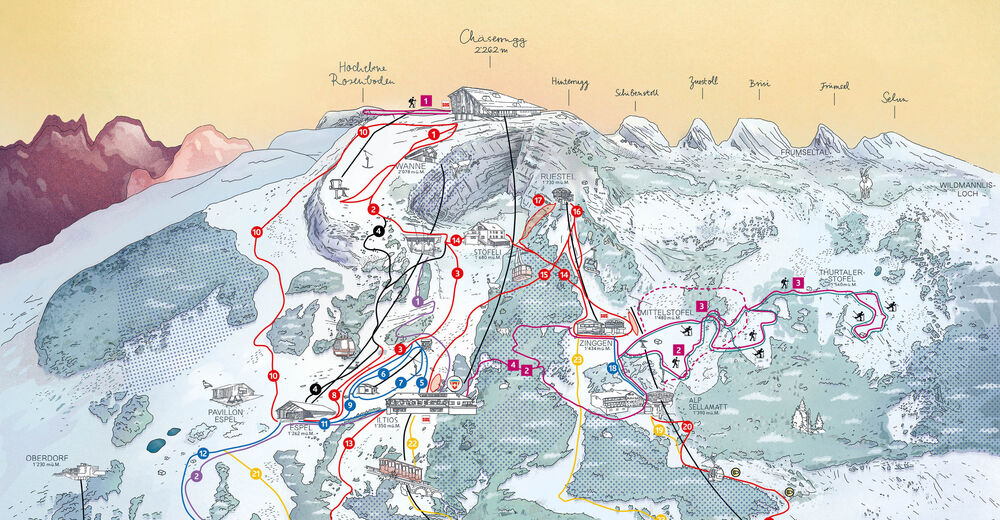 Plan skijaških staza Skijaško područje Toggenburg - Chäserrugg / Alt St. Johann / Unterwasser