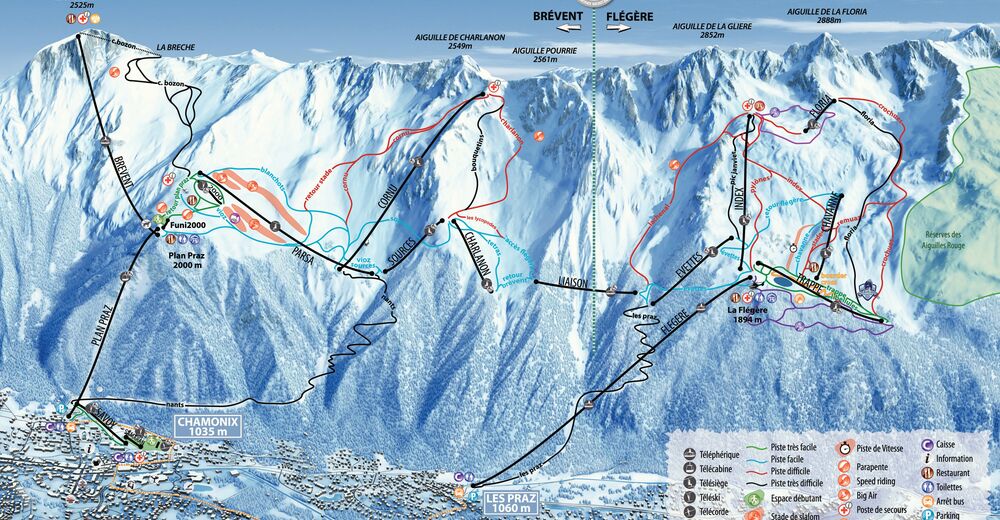 Plan skijaških staza Skijaško područje Brévent - Flégère / Chamonix