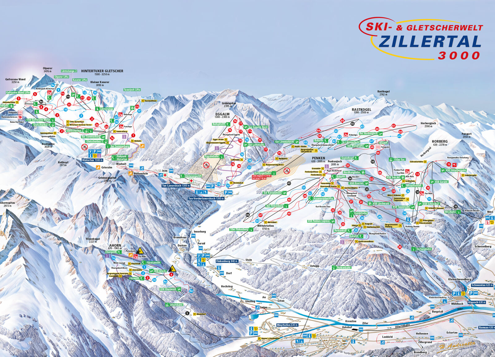 Pistenplan Skigebiet Ski- und Gletscherwelt Zillertal 3000 / Zillertal