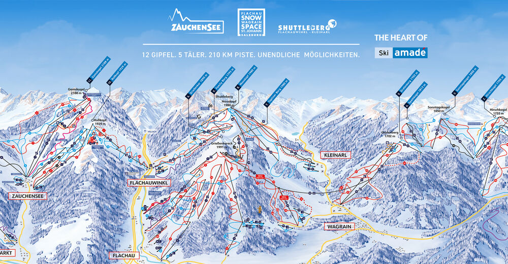 Mapa zjazdoviek Lyžiarske stredisko Ski amade / Zauchensee / Flachauwinkl