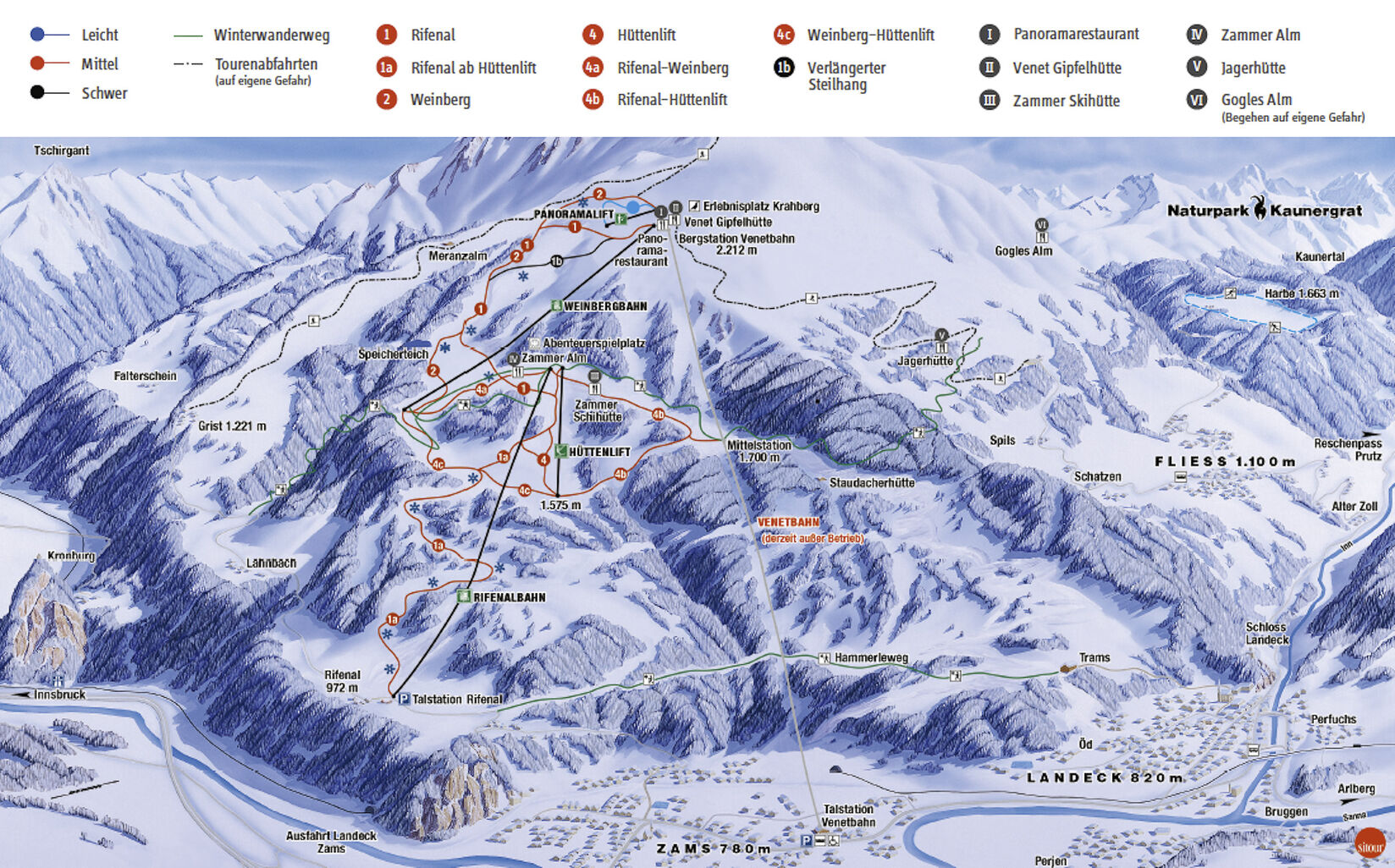 PistenplanSkigebiet Landeck / Zams / Fliess / Venetregion