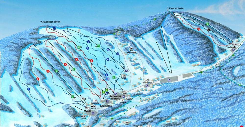 Plan skijaških staza Skijaško područje Praděd - Klobouk / Ski Karlov