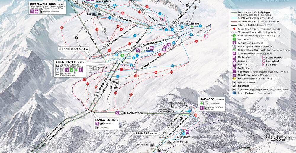 Mapa zjazdoviek Lyžiarske stredisko Kitzsteinhorn / Kaprun / Zell am See