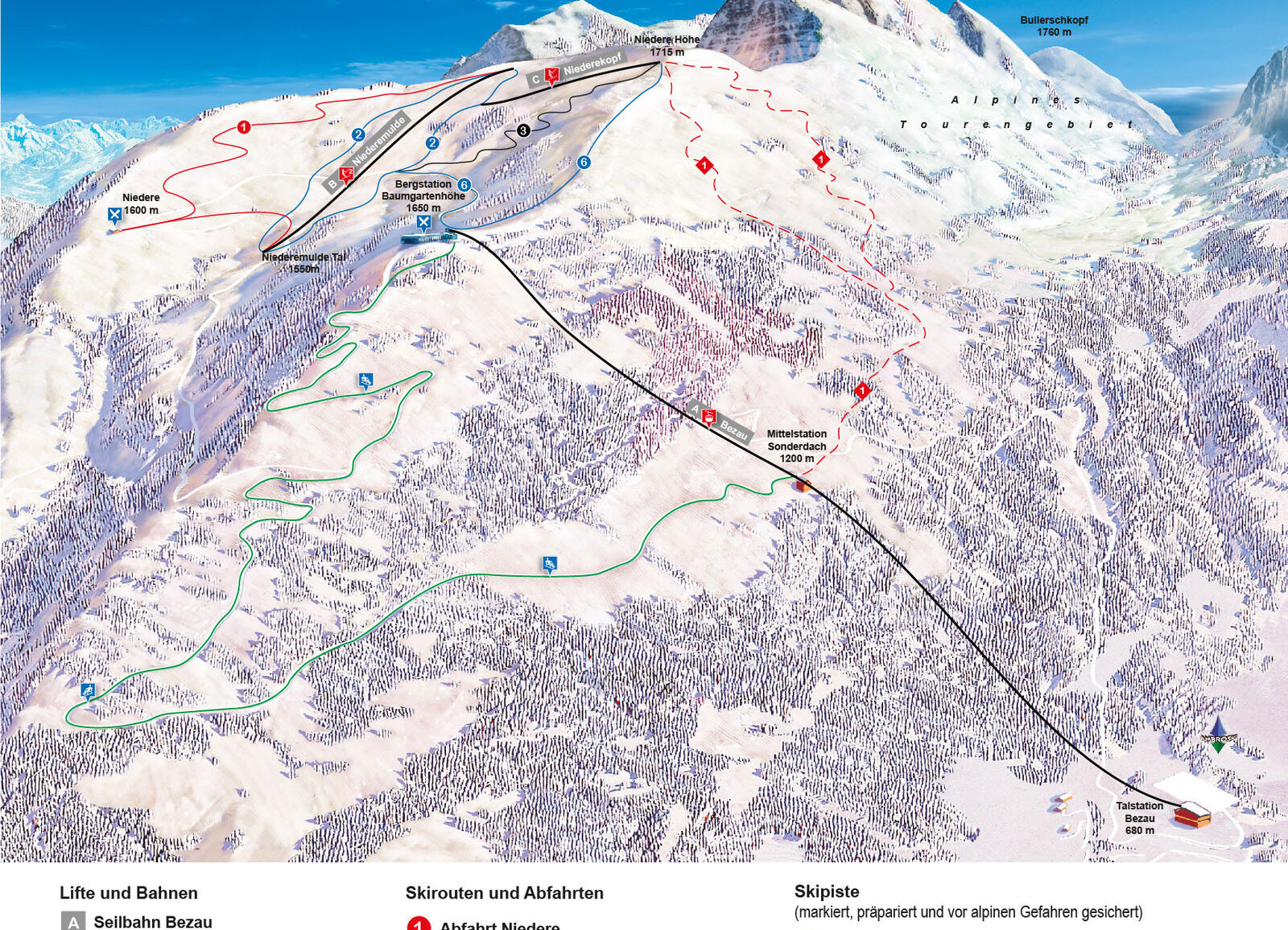 Pistenplan Skigebiet Seilbahn Bezau