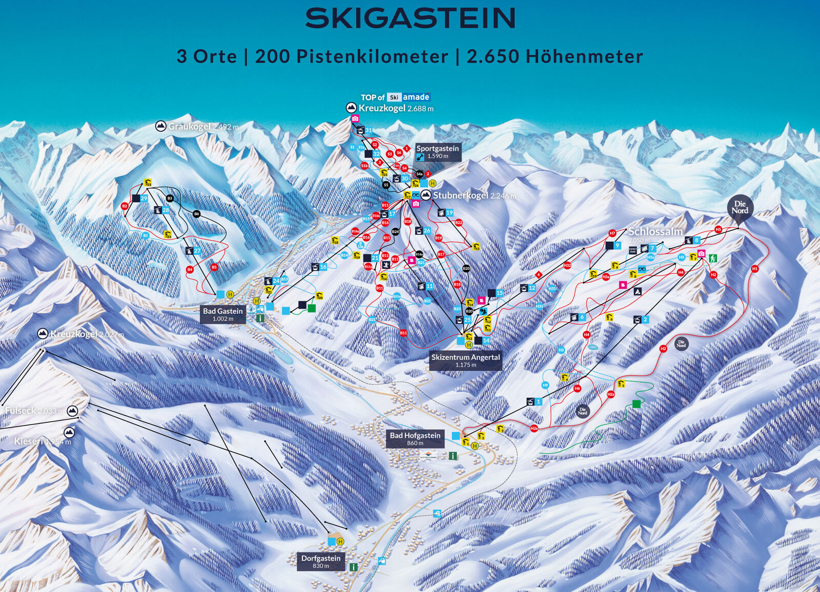 Pistenplan Skigebiet Bad Gastein / Bad Hofgastein - Schlossalm / Angertal / Stubnerkogel - Skigastein - Ski amade