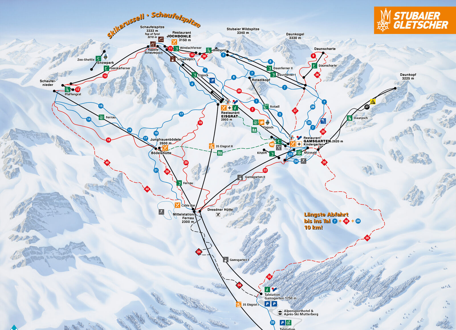Pistenplan Skigebiet Stubaier Gletscher / Stubaital