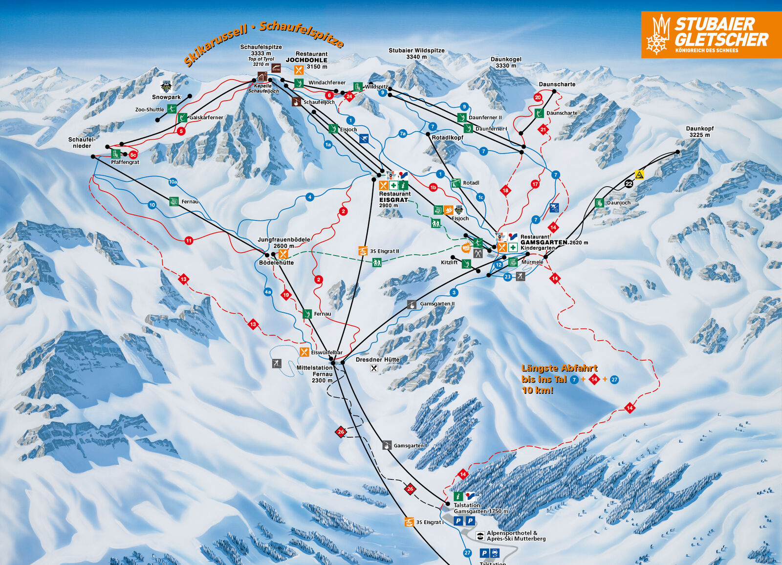 Pistenplan Skigebiet Stubaier Gletscher / Stubaital