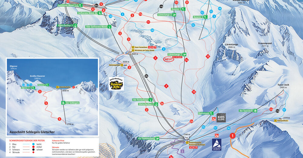 Plán sjezdovky Lyžařská oblast Hintertuxer Gletscher / Hintertux / Zillertal