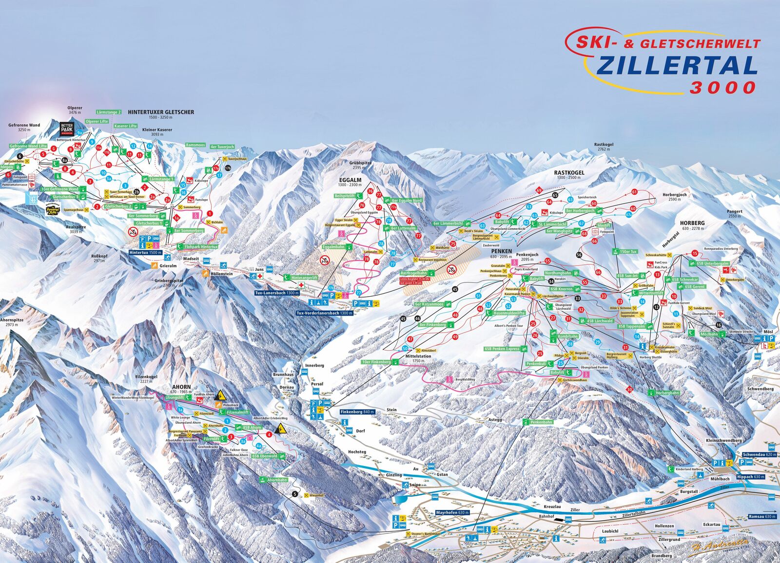 Pistenplan Skigebiet Rastkogel Bahnen / Tux-Vorderlanersbach / Zillertal Pistenplan Skigebiet Rastkogel Bahnen / Tux-Vorderlanersbach / Zillertal