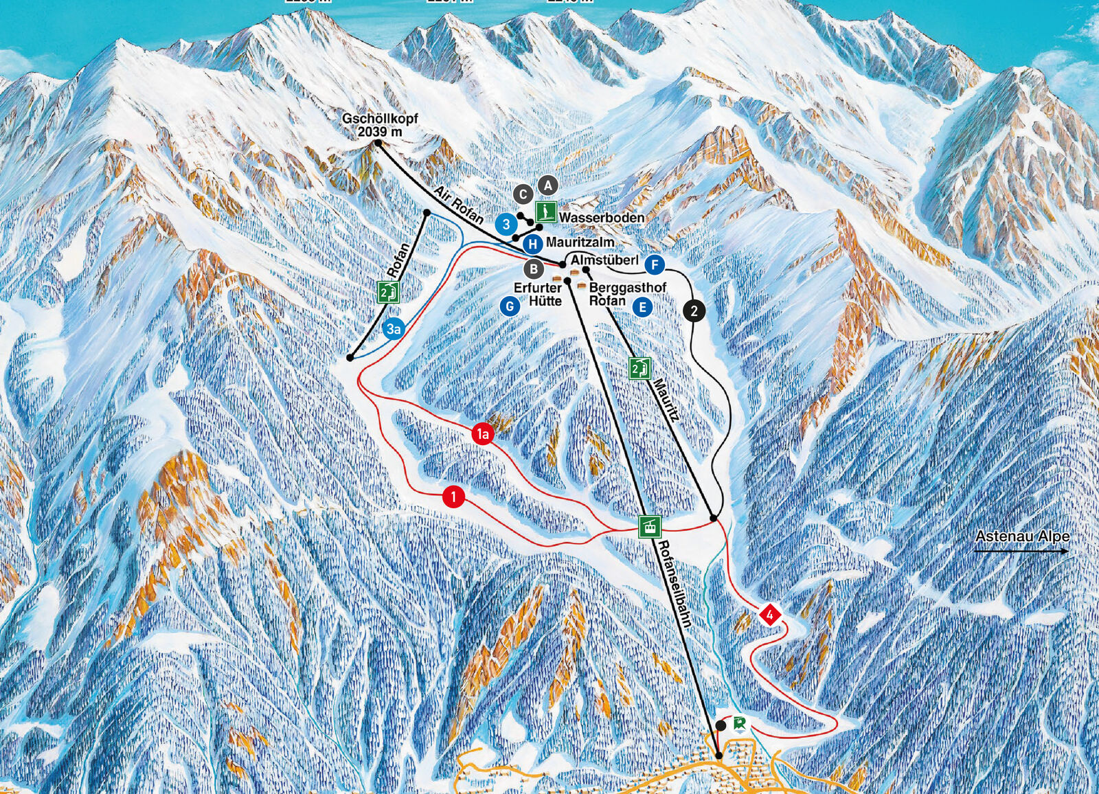 Pistenplan Skigebiet Maurach am Achensee / Rofan Seilbahn