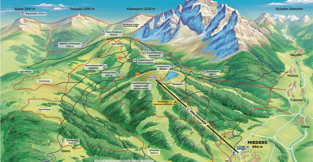 Mapa zjazdoviek Lyžiarske stredisko Serlesbahnen Mieders