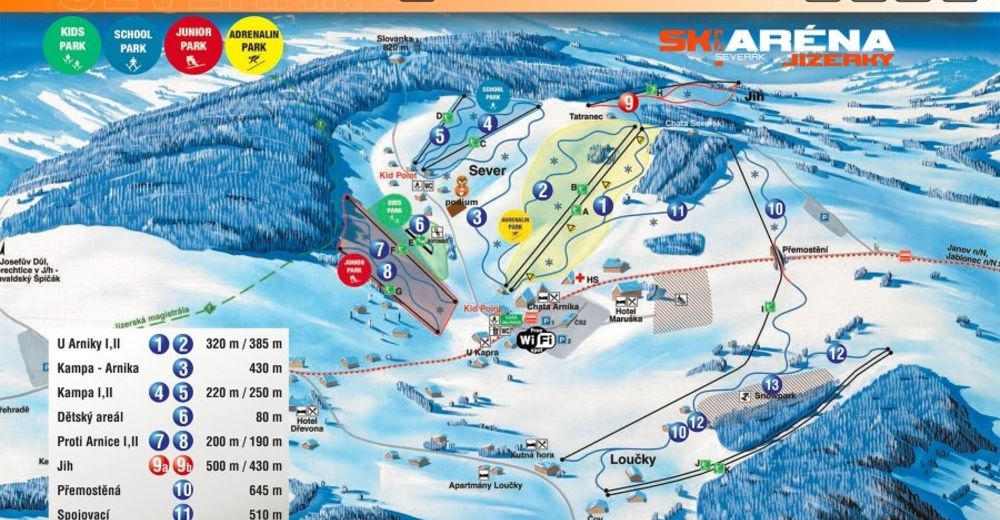 Planul pistelor Zonă de schi Severák / Jizerky