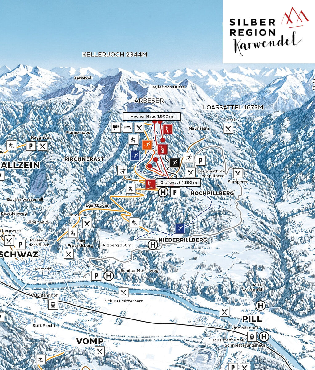 BERGFEX: Piste Map Schwaz-Pill / Kellerjochbahn - Panoramic Map Schwaz ...