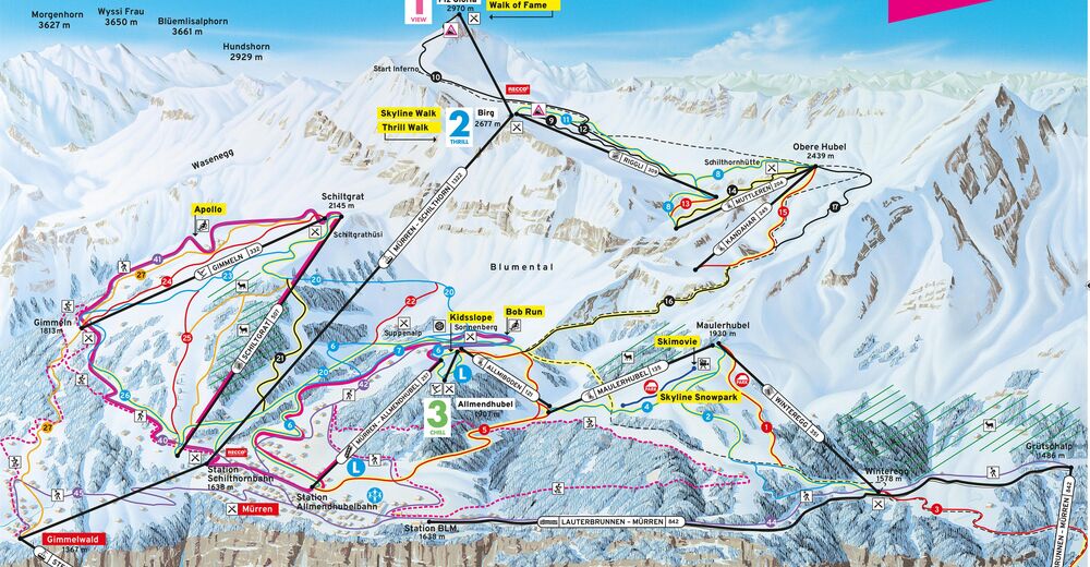 Pistenplan Skidåkningsområde Jungfrau Ski Region Mürren - Schilthorn