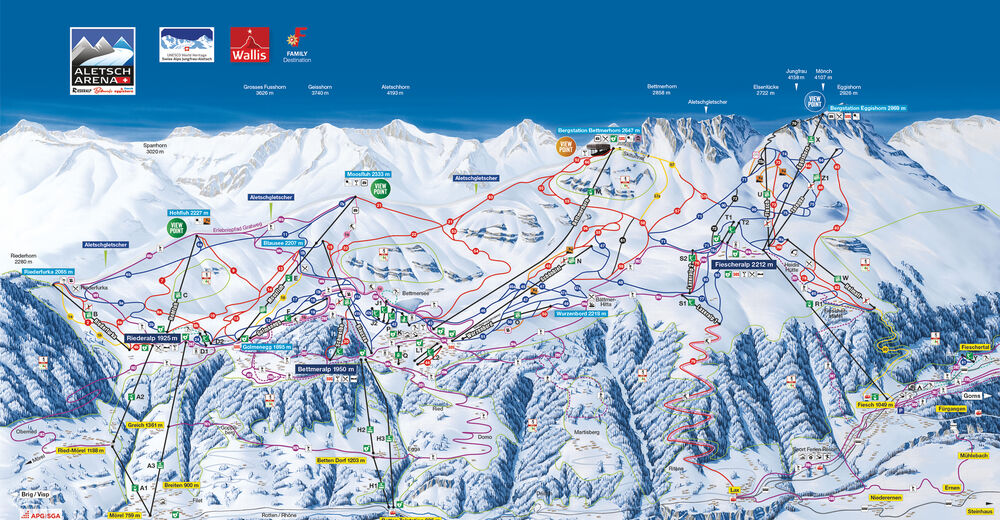 Mappa delle piste Comparto sciistico Aletsch Arena / Riederalp - Bettmeralp - Fiesch-Eggishorn