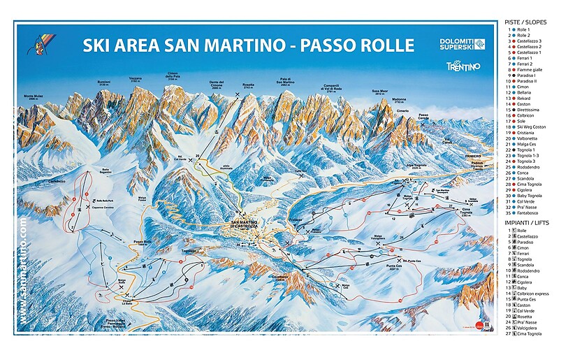 PistenplanSkigebiet San Martino di Castrozza / Rolle Pass