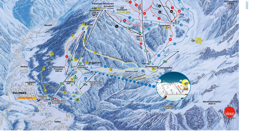 Pistplan Skidområde Schlick 2000 - Fulpmes