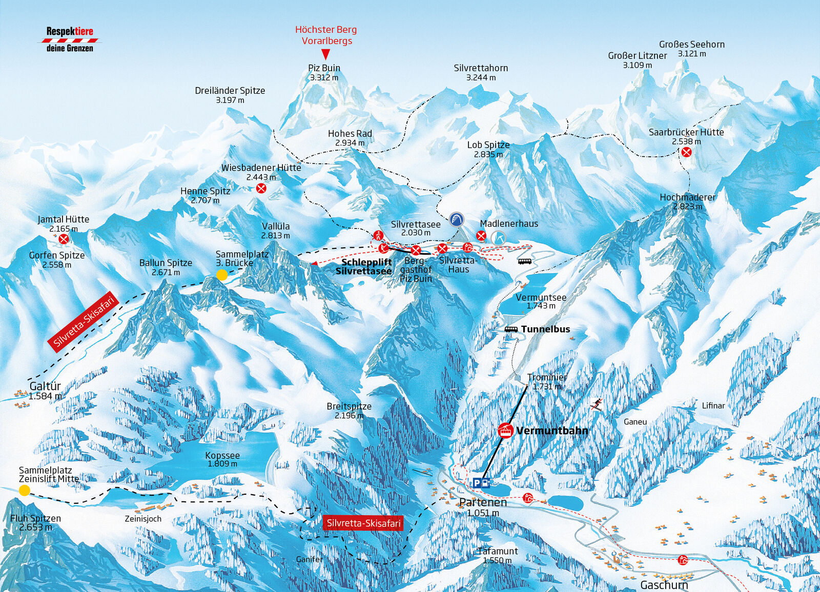 Pistenplan Skigebiet Silvretta Bielerhöhe / Vermuntbahn / Montafon Pistenplan Skigebiet Silvretta Bielerhöhe / Vermuntbahn / Montafon