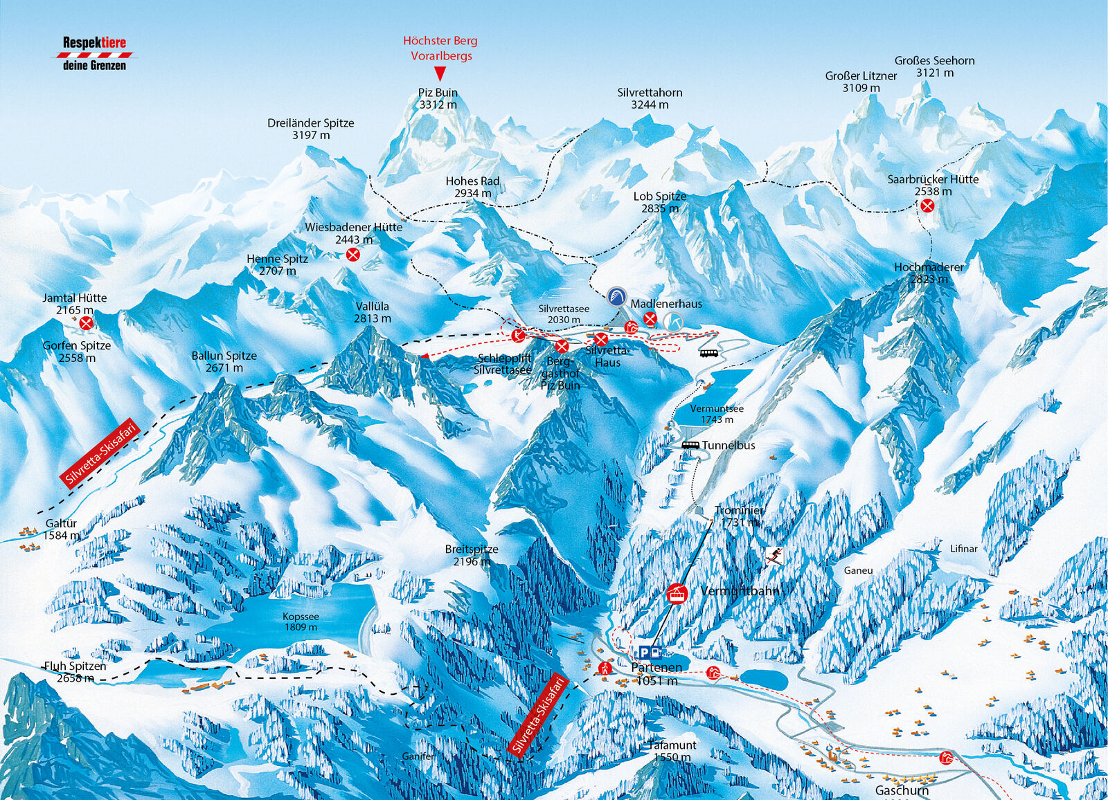 Pistenplan Skigebiet Silvretta Bielerhöhe / Vermuntbahn / Montafon