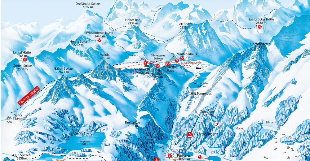 Plan skijaških staza Skijaško područje Silvretta Bielerhöhe / Vermuntbahn / Montafon