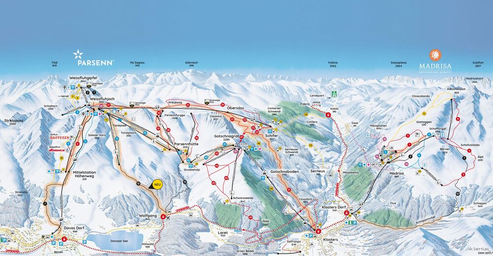 Plán sjezdovek Lyžařský areál Davos Klosters Parsenn