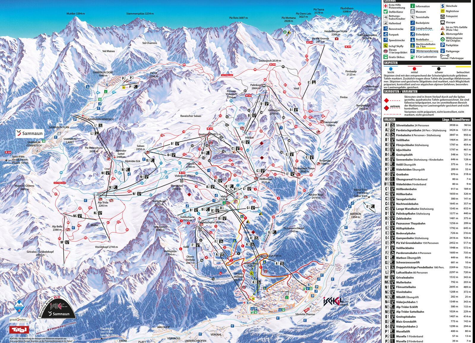 Pistenplan Skigebiet Silvretta Arena Ischgl / Samnaun