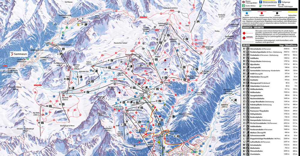 Plan skijaških staza Skijaško područje Silvretta Arena Ischgl / Samnaun