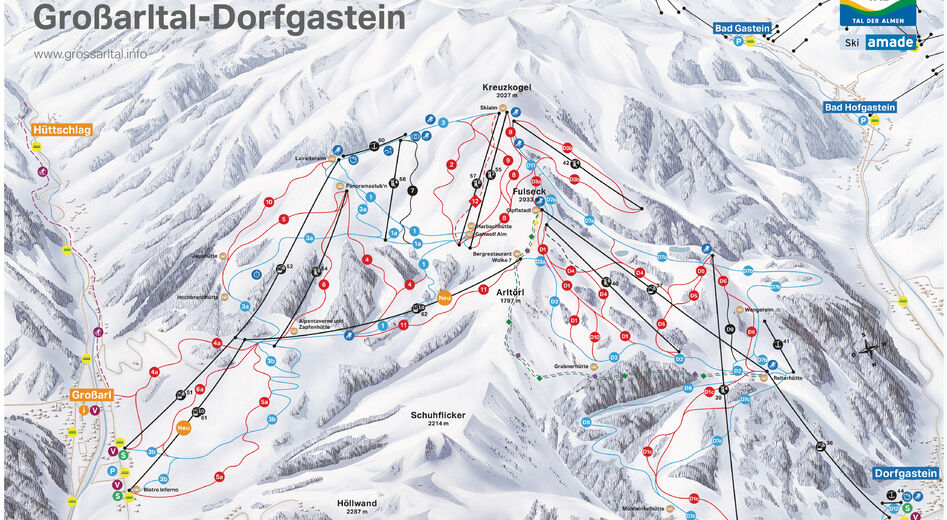 Pistenplan Skigebiet Großarl Tal / Ski amade