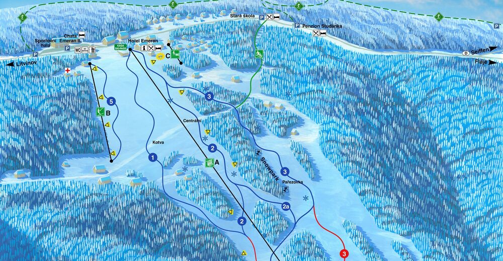 Plan skijaških staza Skijaško područje Klíny - Rašov